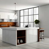 Modern kitchen with a central island and large window
